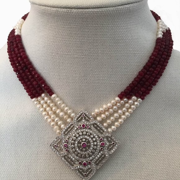 Four Strands Pearl, And Red Jasper Necklace with Pendant - Picture 1 of 2